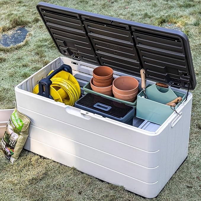 Decksplore 100 Gallon Outdoor Storage Box Waterproof Lockable Resin Deck Box Large, Patio Storage Bin for Pool Accessories Cushion Furniture, Garden Tools, UV-Resistant Outside Delivery Black&White