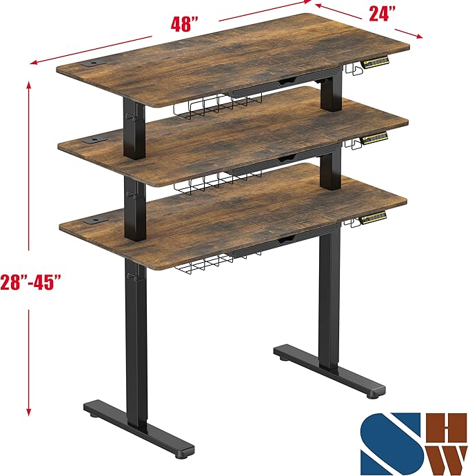 SHW 48-Inch Electric Height Adjustable Standing Desk with Drawer, Memory Preset and Cable Management Tray, Rustic Brown