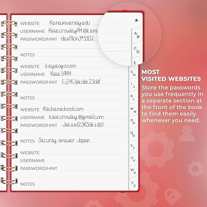 Clever Fox Password Book Spiral – Internet Address & Password Organizer with Laminated Alphabetical Tabs – Password Keeper Journal – Hardcover, Medium Size, 6.1x7.7” (Red)