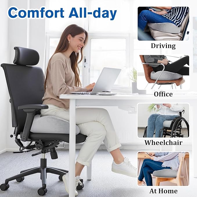 CushyOasis Seat Cushion, Chair Cushions, Office Chair Cushions, Anti-Slip Bottom & Removable Cover Tailbone Pain Relief Cushion, Memory Foam Seat Cushion, 5.28 in Thick (Light Grey)