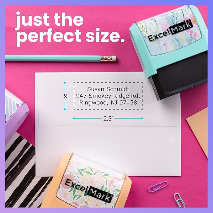 ExcelMark Address Stamp - Custom Return Address Stamp with Elegant Designs, Vibrant Colors & Patterns – Perfect for Mail, Invitations & Gifts (Peach Mount, Custom)