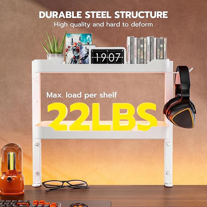 ARES WING 2-Tier Clamp On Desk Shelf, 16 inch Adjustable Above or Under Desk Storage Shelves Holds 44 lbs, Heavy Duty Desktop Organizer with Headphone Holder for Working and Gaming Accessories, White