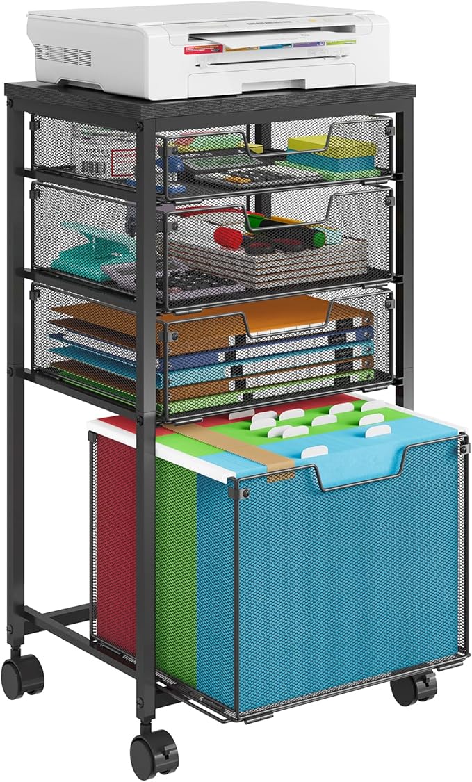 Sbanmao Rolling File Cart with 4 Storage Drawers, Filing Cabinet for Home Office, Hanging File Folder Organizer with Wheels Under Desk, Utility Craft Cart Printer Stand, Black, Patent Pending
