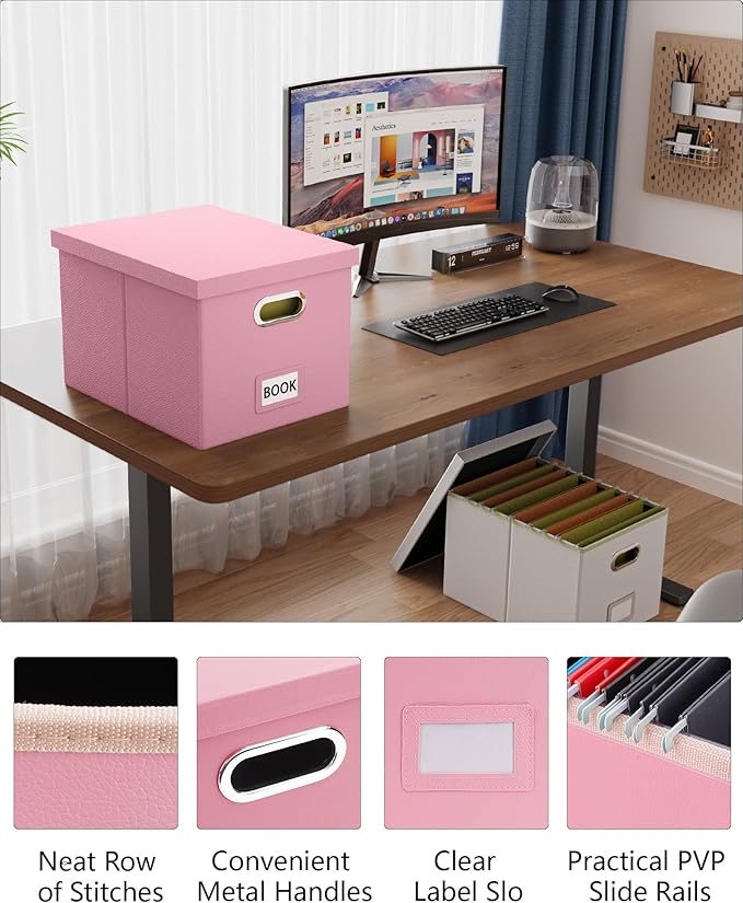 2 Pack Pink Leather File Storage Organizer with Lid - Portable Filing Box for Letter/Legal File Folder Storage