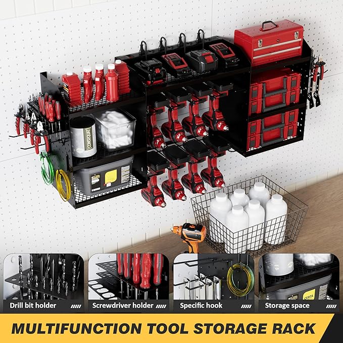 VDEVY Power Tool Organizer Wall Mount with Charging Station, Heavy-Duty Metal Garage Tool Storage Rack & 8 Outlet Power Strip, 51 Inch 3 Tier 8 Bin Shelves for Workshop Organization