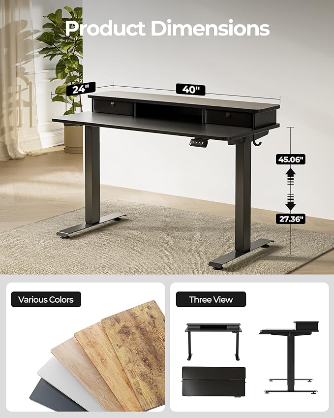 FEZIBO 40 x 24 Inch Height Adjustable Electric Standing Desk with Double Drawer, Stand up Home Office Computer Desk with 4 Height-Adjustable Feets & 2 Hooks, Black