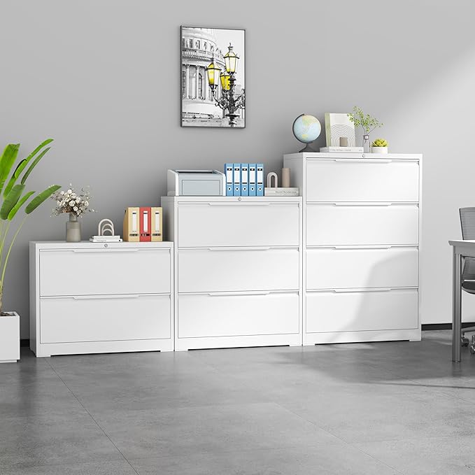 LONGLINK 4 Drawer Lateral File Cabinets with Lock,Metal Filing Cabinet for Home Office,Wide Office Storage Cabinet with Hanging Bars for A4 Legal/Letter Size(White-Easy Assembly)