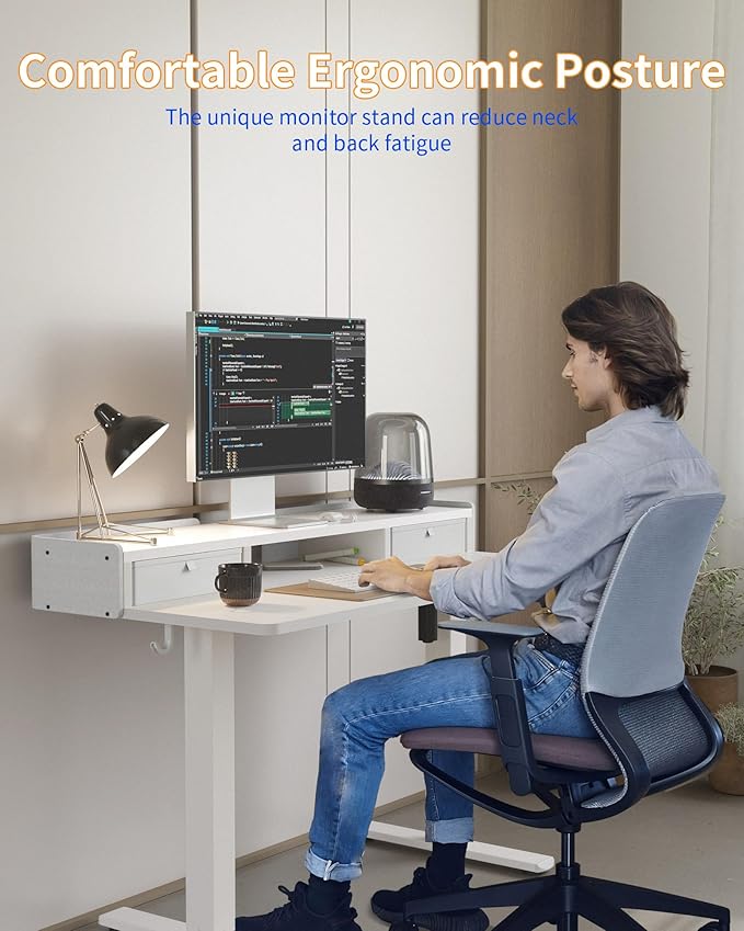 YIHAYO Electric Standing Desk with Drawers, 60 x 24 Inches Adjustable Desk with Storage Shelf, Computer Table with Splice Board for Home Office,White Frame/White Top
