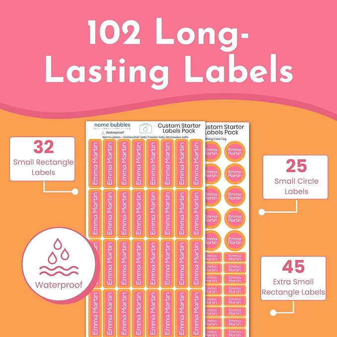 Name Bubbles - Basic Daycare Name Stickers for Kids (102 ct) - Personalized Waterproof Name Labels for School Supplies, Clothing Tags, Baby Bottles, All Ages - Washable Stick-On Labels (Solid Border)