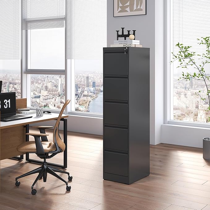 FLIXELIO 5 Drawer File Cabinet with Lock,Metal Vertical Filing Cabinets for Home Office,Heavy Duty File Storage Cabinet for Letter/Legal/A4/F4 Size File,Assembly Require (Black, Vertical 5 Drawer)