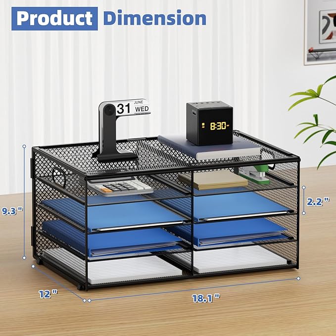 Lavatino 8 Compartments Paper Organizer for Desk, Mesh Literature Organizer, Mail File Sorter Tray with Handle, Desktop Mailbox for Office Classroom Home, Black