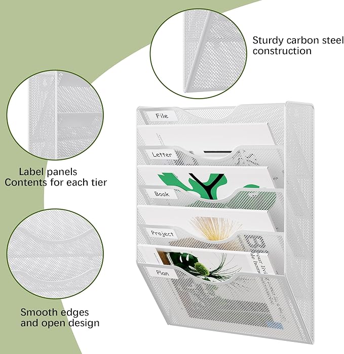 EasyPAG 5 Pocket Mesh Wall File Organizer, Hanging Paper Folder Holder with Classify Label, Vertical Wall Mount Mail Organizer for Office Home Classroom, White