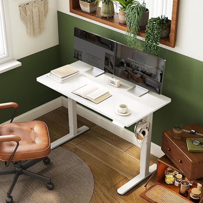 INNOVAR Glass Standing Desk with Drawers, 48 x 24 Inches Electric Height Adjustable Desk, Tempered Glass Top Stand Up Desks for Home and Office, White