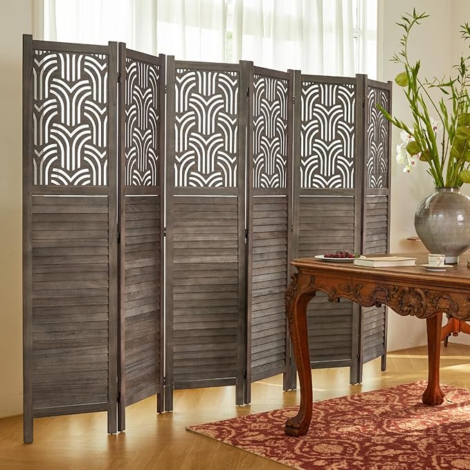 Svimi Folding Room Divider, 66.9 Inch 6 Panels Wood Carved Privacy Screens, Free Assembled Freestanding Portable Separation Wall for Home Office Restaurant Bedroom (Gray)