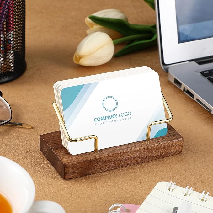 Amyhill 2 Pieces Wood Business Card Holder for Desk Wooden Business Card Display Stand Postcard Holder for Office Home Desktop (Wood Color, Gold)