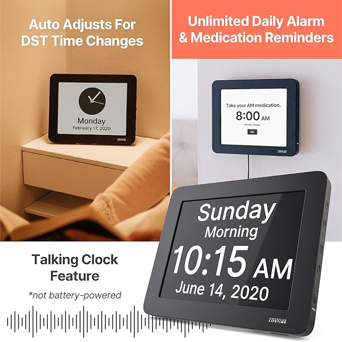 American Lifetime New 2026 Dementia Clock Large Digital Clock for Seniors, Alzeimer Clock Large Display with Custom Alarms, Clock with Day & Date for Elderly, Digital Calendar Premium Black Pro