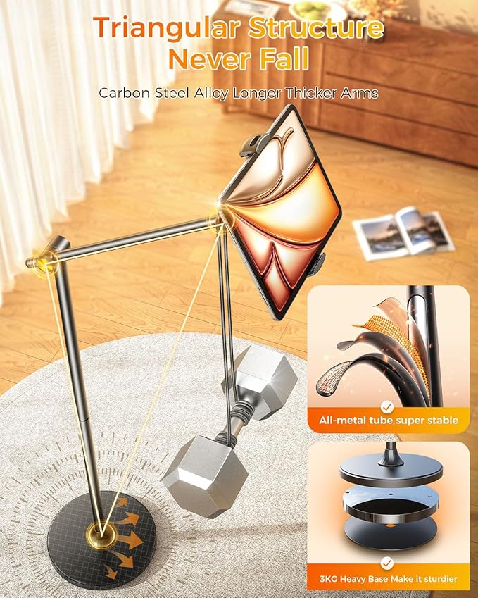 DIMONCOAT [Height-Adjustable & 360° Rotation Tablet Floor Stand Stable Base, Aluminum Alloy iPad Stand Floor Holder for iPad Mini Air Pro 12.9/9.7, Monitor, Kindle, iPhone 16, Cell Phones (4.7"-15.6")