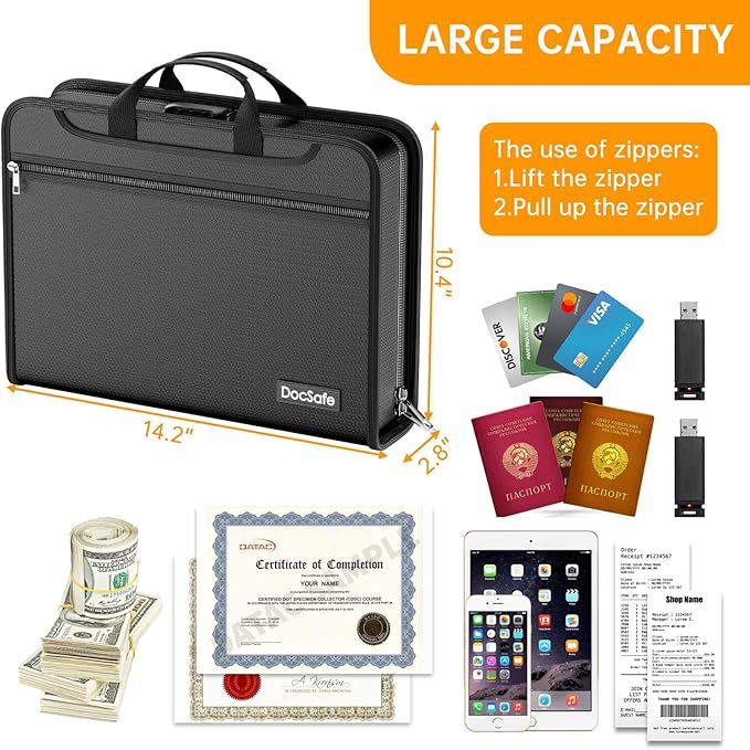 DocSafe Accordion File Organizer Bag with Lock, Fireproof Water Resistant Expanding File Folder with Multi Colorful Pockets,Document Organizer Safe Storage for Important Documents and More, Black