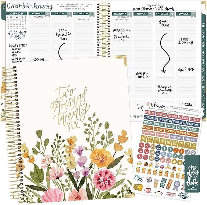 bloom daily planners 2026 Hardcover Calendar Year Goal & Vision Planner (January to December) - Monthly & Weekly Agenda Organizer - 7.5" x 9" - Beige Bouquet