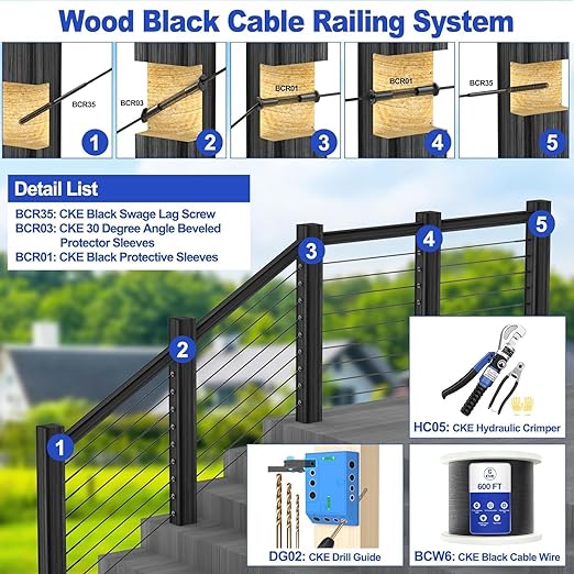 CKE 50 Pack T316 Stainless Steel Black Protector Sleeves for 1/8" 5/32" or 3/16" Cable Deck Stair Railing Kit System, Black Cable Railing Protective Sleeves for Wood Posts, DIY Balustrade, BCR01-3/16