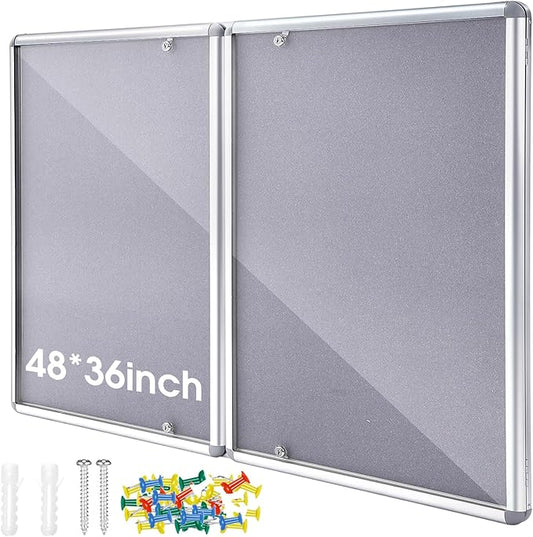Enclosed Bulletin Board 48" x 36" Weather Resistant Lockable Notice Cork Display Board Wall Mounted 2 Locking Door for School Classroom Commercial Christmas, 12 x A4(Gray, Silver Frame)