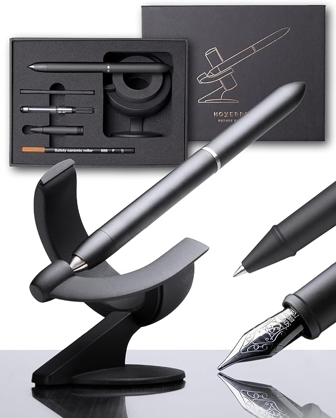 novium Hoverpen Future - Luxury Fountain Pen & Rollerball Pen All-In Gift Box, Schmidt Nib (Fine), Converter, Extra Refill, Aerospace Metal, Best Pen Gift Set for Men & Women (Deep Black)