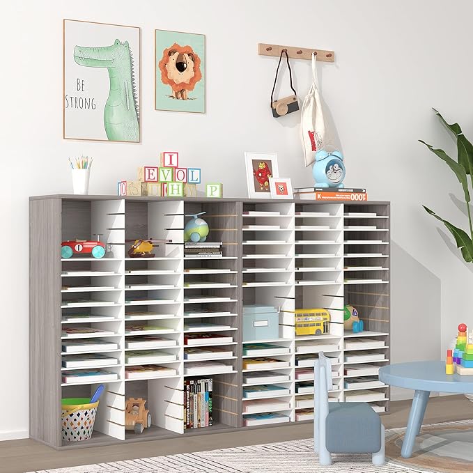 EasyPAG Wooden Literature Organizer with Adjustable Shelves, 48 Compartments Office Paper Organizer Storage 24000 Sheets Letter Size Paper, Student Mailbox for Classroom, Retro Gray/White