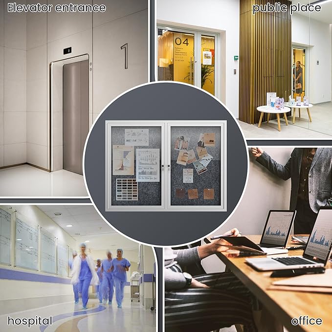 48"x36" Lockable Enclosed Bulletin Board, Outdoor Flet Weather-Resistant Aluminum Frame Notice Board, Wall Mounted Display Case Acrylic Doors for School,Office,Silver Frame w/Grey Flet