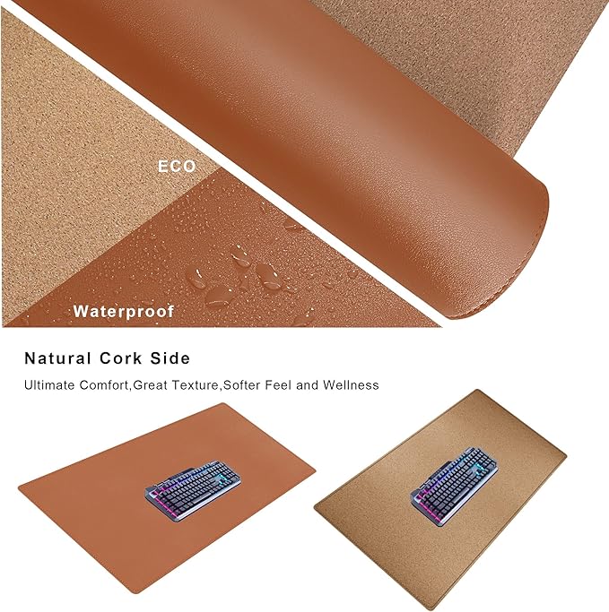 Mydours Cork & PU Leather Desk Mat, 40" x 20" Large Gaming Mouse Pad XL, Dual-Sided Portable Desk Pad Blotter, Keyboard Computer Desktop Protector for Gift Office Home (Brown)