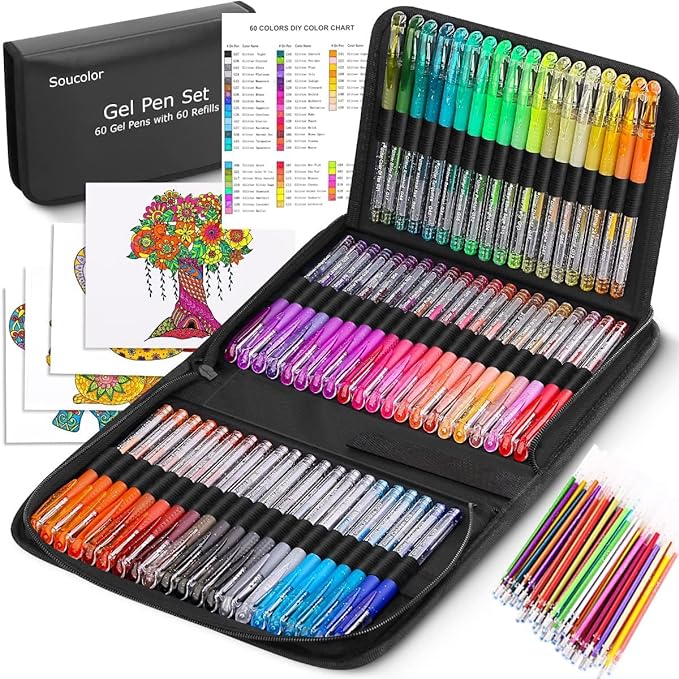 Soucolor Glitter Gel Pens for Adult Coloring Books, Christmas|Birthday Gifts, School Art Supplies,120 Pack-60 Glitter Pens, 60 Refills and Travel Case, 40% More Ink Markers Set for Drawing Journaling