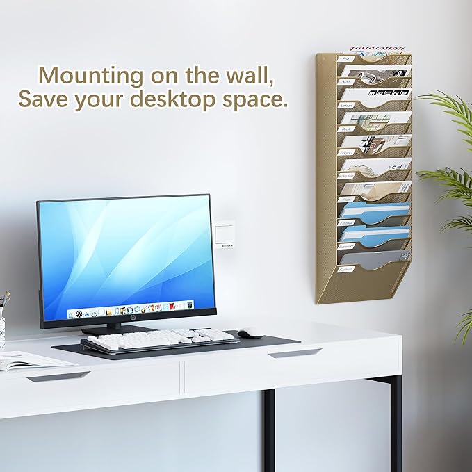 EasyPAG 10 Pocket Mesh Wall File Organizer, Hanging Paper Folder Holder with Classify Label, Vertical Wall Mount Mail Organizer for Office Home Classroom, Gold