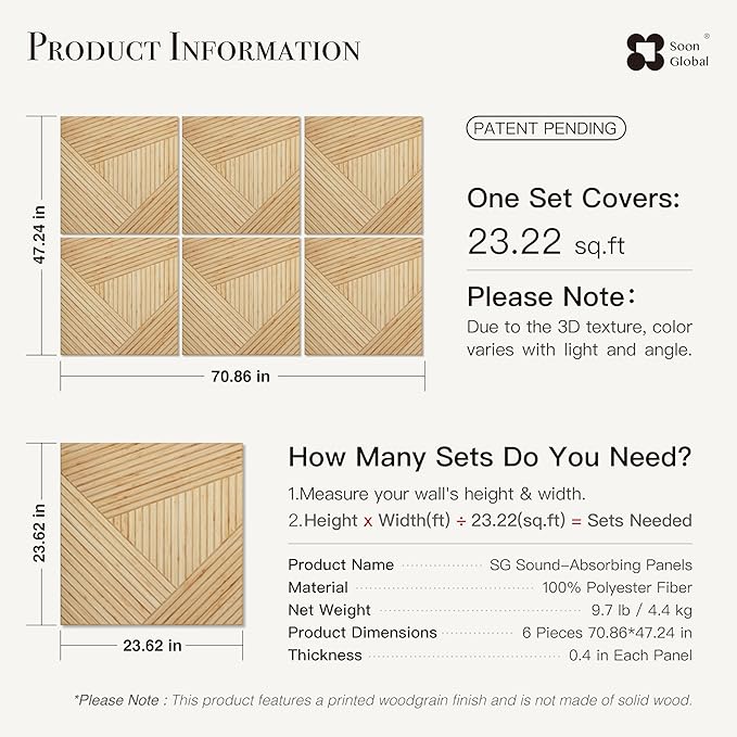 Soon Global Acoustical Wall Panels, 6-Piece 23.62 X 23.62 Inches Art Acoustic Panels, Decorative Acoustic Panels, Acoustic Wall Panels, Sound Absorbing Wall Art, Timber Spiral