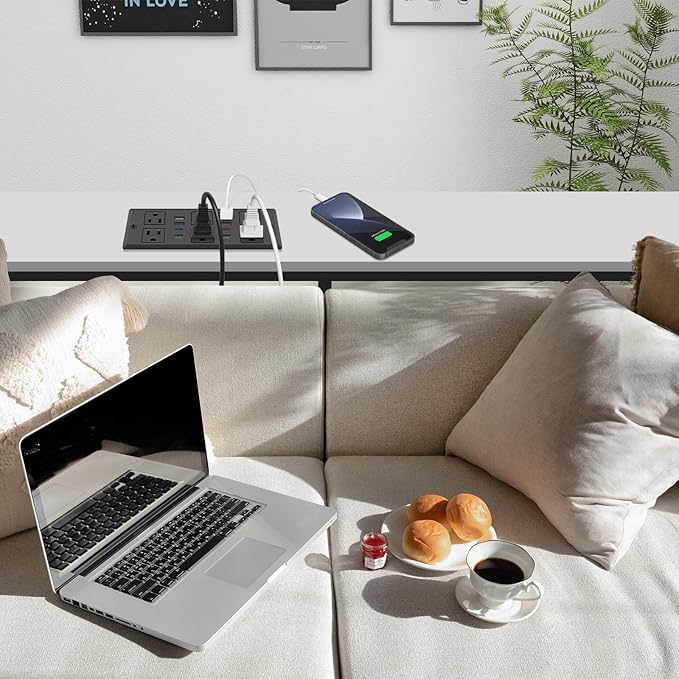 Recessed Power Strip with PD 30W Fast Charging, Conference Desk Flush Mount Outlets Plug in 6 Outlets & 8 USB Ports,3FT Cord Furniture Drawer Outlet Black
