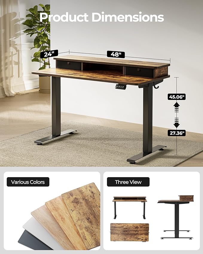 FEZIBO 48 x 24 Inch Height Adjustable Electric Standing Desk with Double Drawers, Stand up Desk, Home Office Computer Workstation with 4 Height-Adjustable Feets & 2 Hooks, Rustic Brown