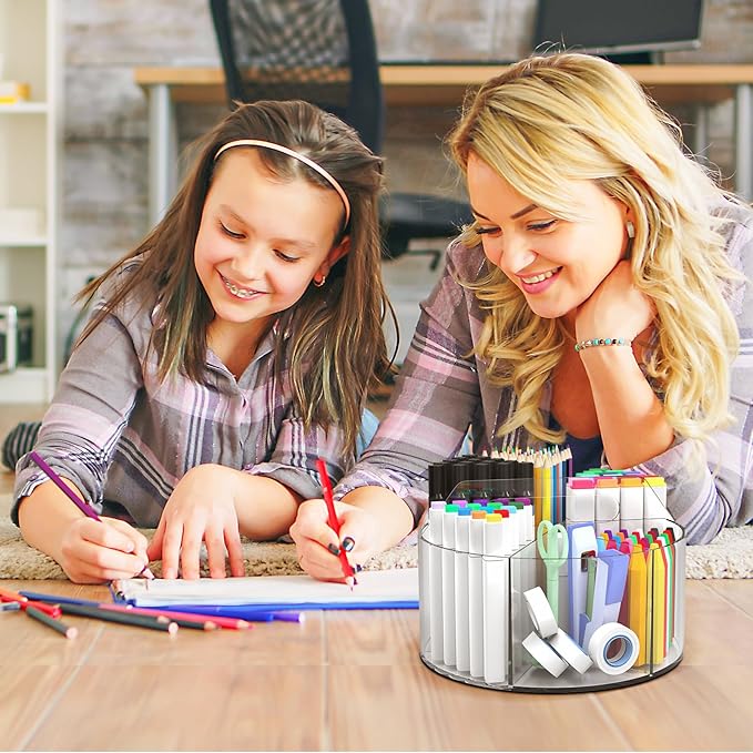 Absonic 2 Pack Acrylic Pen Organizer, 360 Rotating Clear Colored Pen and Pencil Crayon Marker Holder Caddy for Desk, Desktop Storage and Organizer for School Art Supplies