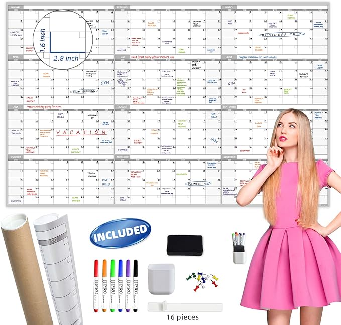 Large Dry Erase Wall Calendar - 60“ x 38" Undated Blank Yearly Planner - Giant Whiteboard 12 Month Poster - Premium Laminated Calendar for Classroom, Office, Project & Family Schedule