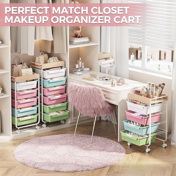 Rolling Storage Utility Cart With 4 Drawers,Kids Craft Art Cart,Makeup Organizer And Storage with Wooden Tabletop,Rainbow