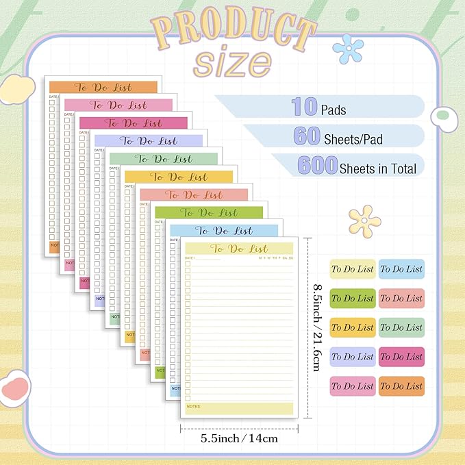 Censen 10 Packs To Do List Notepads, Simple Daily Reminder Checklist Planner Mix Color for Organizing, Planning, College Ruled, Office Gifts, 8.5 x 5.5 Inches, 60 Sheets Each