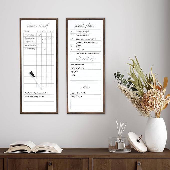Sheffield Home Set of Two Family Planner Dry Erase Boards Featuring, Chore Chart, Shopping List, Weekly Meal Planner and Notes, 9x21 Inch, Natural