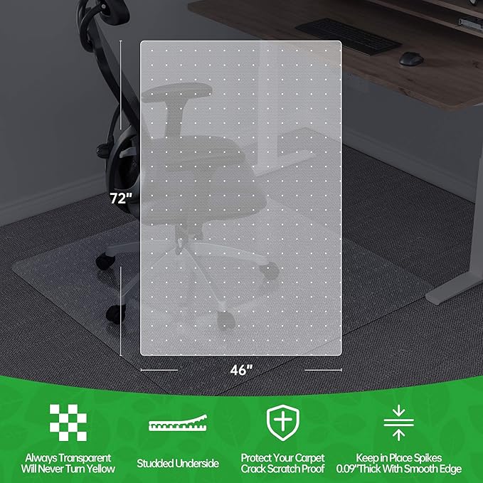 Office Chair Mat for Carpet - Clear Thick Desk Chair Mat for Carpet Plastic Floor Mats for Rolling Work and Gaming Chairs with Studs for Low Pile, Flat and No Carpeted Floors