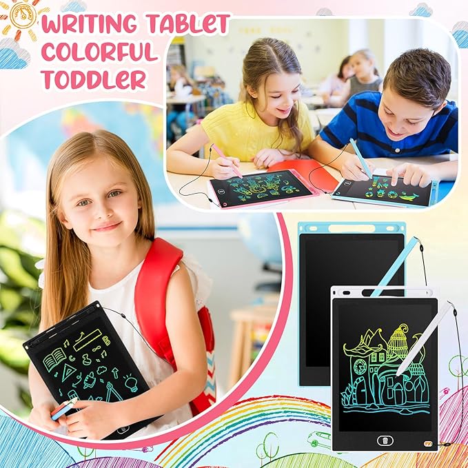 Tinlade 12 Pack LCD Writing Tablets for Kids, 8.5 Inch Erasable Doodle Boards Portable Electronic Drawing Pads, Learning Bulk Toys Gifts for School Prize (Pink, Light Blue, White, Black)