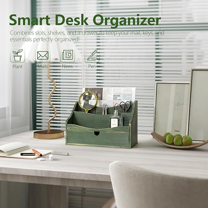 Rebee Vision Pine Wood Mail Organizer for Desk - Charming Farmhouse Mail Holder Organization with Drawer & Dividers - 4-Slot for File & Jewelry Sorter, Mail Organizer Countertop for Home Decor(Green)