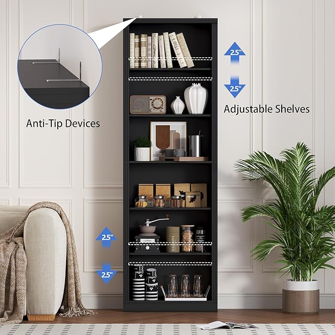 BORNOON 75" Tall Bookshelf, 6-Tier Floor Standing Bookcase with Adjustable Shelves, 24" Wide Open Storage Shelf, Modern Display Organizer for Home Office, Living Room, Bedroom, Study