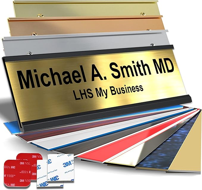 Personalized Name Plate with Choice of Mounting for Walls, Doors, Desk Holders, Cubicles, Hanging and More - Custom Brushed Brass Plastic Black Letters - USA Made 2x8 - M6