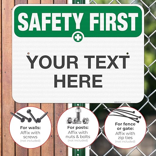 Custom Safety First Sign, OSHA Sign, 18x24 Inches, 3M EGP Reflective .080 Aluminum, Fade Resistant, Indoor/Outdoor Use, Made in USA