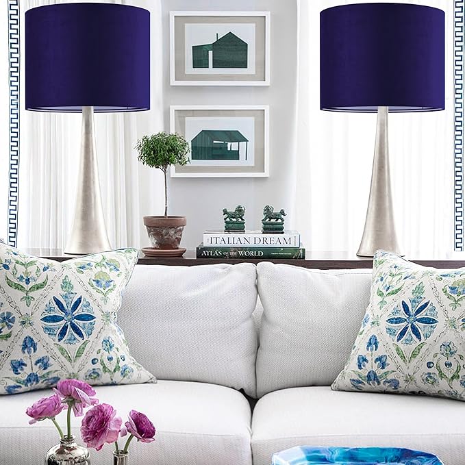 GO&SO Dark Blue Velvet Drum Lamp Shade Set of 2 Medium 13" Top x 13" Bottom x 10" High(Spider) Modern Lamp Shades for Table Lamps & Bedside Lamp Replacement Lampshade Required Assembly
