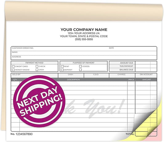 Custom 8.5" x 7" Carbonless NCR Books in 3-Part Triplicate Invoices, Receipts, Work Orders, Sales Orders, Purchase Orders, Estimates, Quote Forms with Your Company/Business Name (66 Sets)