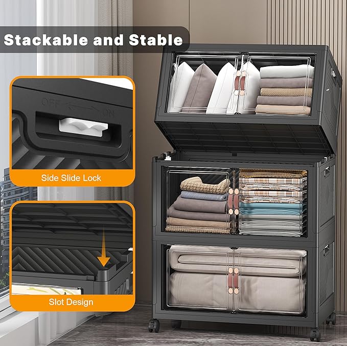 UAMFURI Extra Large Stackable Storage Bins with Lids & Wheels & Door, 336QT-112QT/28GAL*3Pack Foldable Collapsible Closet Organizers, Plastic containers drawers for bedroom Dorm
