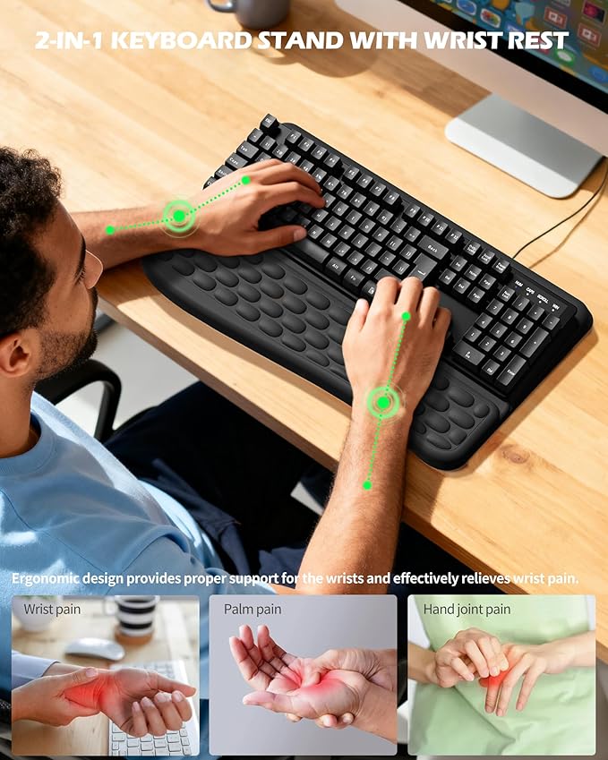 Computer Keyboard Stand with Wrist Rest, Keyboard pad with Wrist Support, Two Adjustable Keyboard Angles, Slow Rebound Comfortable Foam and Skin-Friendly Fabric. Suitable for Office, Gaming, and Home