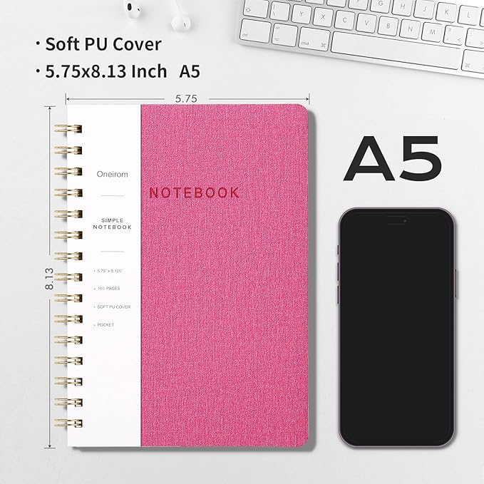 Spiral Notebook-5.75" x 8.125" College Ruled Journal with Inner Pockets and 160 Pages,PU Leather Cover Business Journal, Twin-Wire Binding Notebook Perfect for Office & Home School Supplies Rose Red